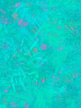 Applying Paint To A Canvas Consisting Of Blue, Turquoise, Crimson, Green, Which Creates The Effect Of Tropical Bushes In The Jungle With Abstract Liquid Acrylic Paint On Canvas