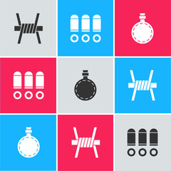 Sticker - Set Barbed wire, Bullet and Canteen water bottle icon. Vector.