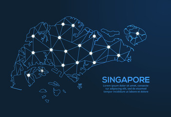 Poster - Singapore communication network map. Vector low poly image of a global map with lights in the form of cities. Map in the form of a constellation, mute and stars