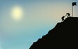 © Akin Ozcan - Climber helping his friend to climb to peak. Helping someone concept. Hand drawn illustration.