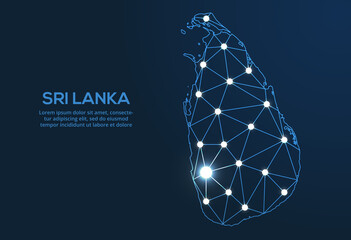 Poster - Sri Lanka communication network map. Vector low poly image of a global map with lights in the form of cities. Map in the form of a constellation, mute and stars