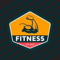 Wall Mural - muscular fitness logo design with dumbbell icon. Virtual CrossFit and fitness vector official logo template.