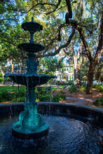 Savannah, Georgia, Victorian, Water Fountain, Park, Oak Tree And Spanish Moss