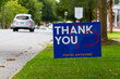 © Grandbrothers - a yard sign by street saying 'Thank you, you are awesome' in white and orange text on blue background. A red heart symbol is embedded. Customizable versatile image with copy space for additional text