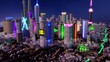 3d render. Aerial view of a Dystopian Shanghai city in the future with projection mapping on buildings with cyberpunk, neon colors.