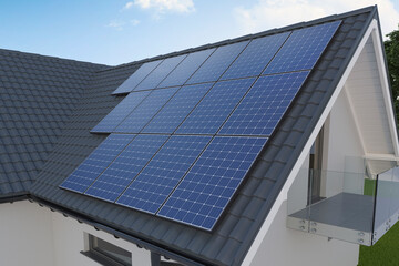 Solar panels on the roof, 3D illustration