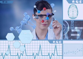 Poster - Female scientist touching 3d molecules with human brain and scientific data processing on screens