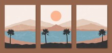 Set Of Three  Abstract Aesthetic Mid Century Modern Landscape Contemporary Boho Poster Cover Template. Minimal And Natural Illustrations For Art Print, Postcard, Wallpaper, Wall Art.