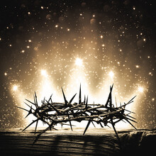 
Crown Of Thorns On Wooden Cross With Bright Sparkling Crown Of Light In Background - The Death And Victory Of Jesus Christ