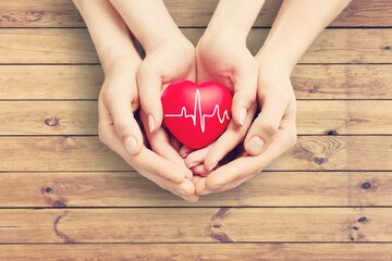 Wall Mural - Man and woman hands holding the red heart