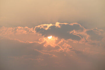 Wall Mural - Beautiful vanilla sky with clouds and sunlight before sunset, Nature background