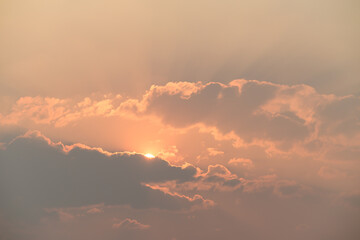 Wall Mural - Beautiful vanilla sky with clouds and sunlight before sunset, Nature background