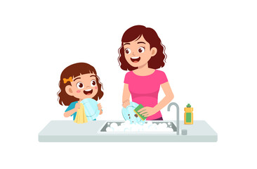 happy cute little girl washing dish with mother