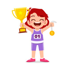 Canvas Print - happy cute little girl holding gold medal and trophy