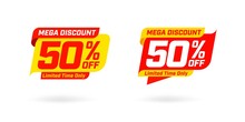 Marketing Deal Sale Tag Giving Super Offer On Half Price. Yellow Red Mega Discount 50 Percent Off Limited Time Only Label Badge Two Set Vector Illustration Isolated On White Background