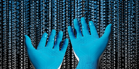 Blue robot hand with binary code library. Concept presented in digital age 3D illustration