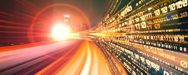 Poster - digital data flow on road with motion blur to create vision of fast speed transfer . concept of futu