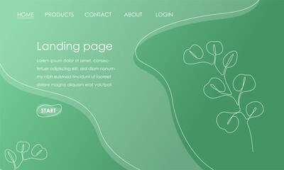 Poster - Landing page template with eucalyptus on green background. Simple Tropical botanical design vector illustration concept for website development. Vector illustration