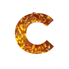 Wall Mural - Omega supplement. Letter C of alphabet of oil fish pills and paper cut isolated on white. Golden typeface for pharmacy