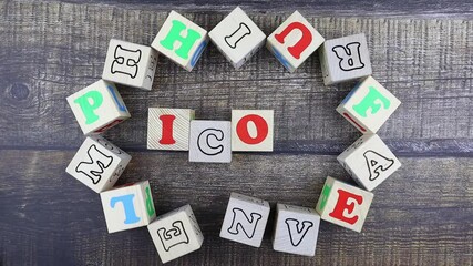 Fototapete - Word - Icon - in colorful alphabet letters on wooden cubes surrounded by a frame of additional random blocks over a textured textile background. Stop motion, top view