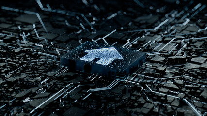 Internet Technology Concept with home symbol on a Microchip. Data flows from the CPU across a Futuristic Motherboard. 3D render.