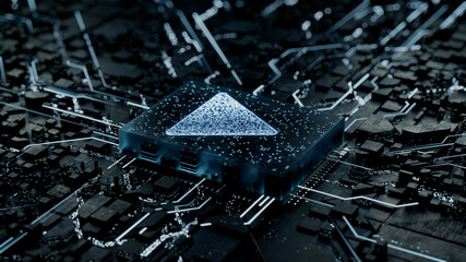 Media Technology Concept with play symbol on a Microchip. Data flows from the CPU across a Futuristic Motherboard. 3D render.