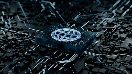 Internet Technology Concept with web symbol on a Microchip. Data flows from the CPU across a Futuristic Motherboard. 3D render.