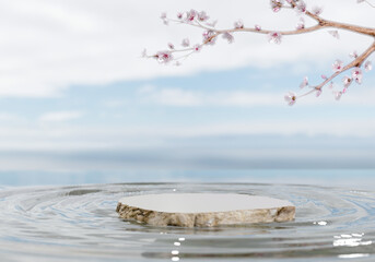 Wall Mural - stone product display podium with water reflection and blossom Sakura flowers on blue background. 3D rendering.