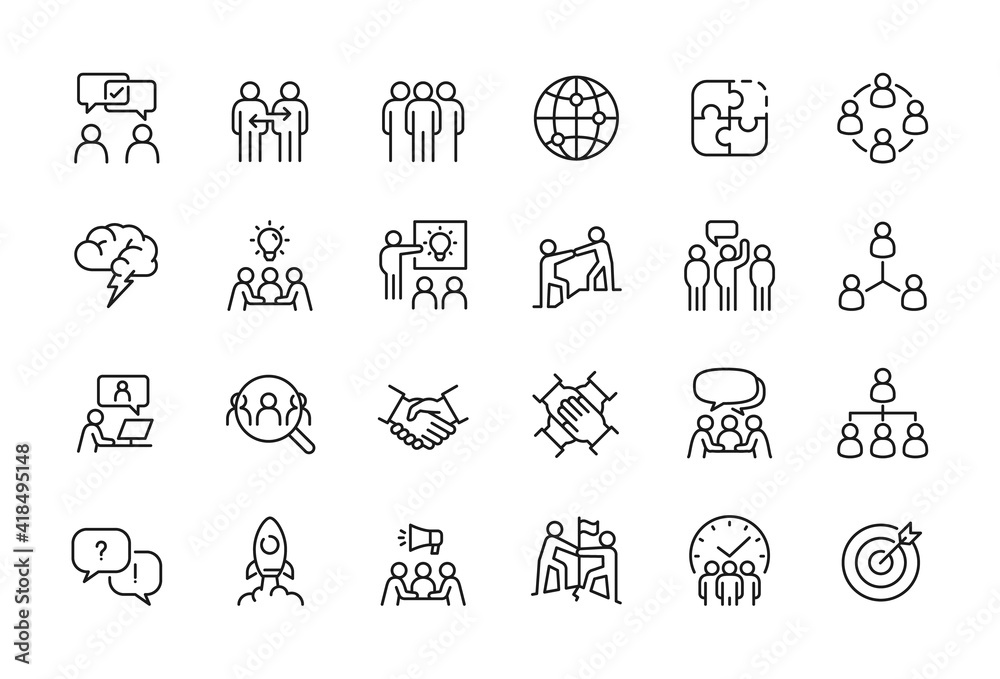 Minimal Teamwork in business management icon set - Editable stroke, Pixel perfect at 64x64 - obrazy, fototapety, plakaty 