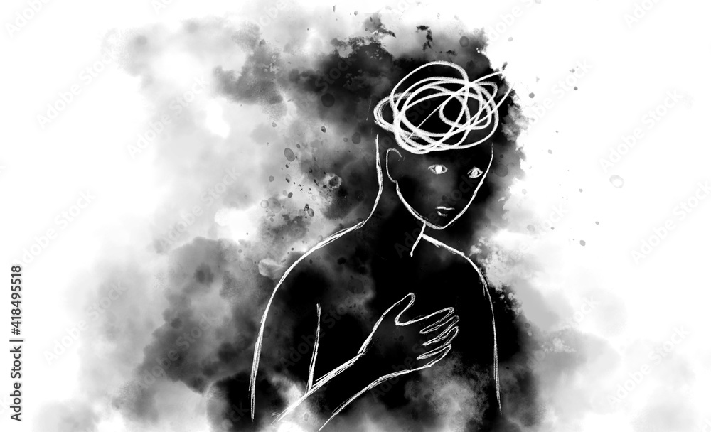 Mental health concept digital illustration. Depression regret anxiety and stress. Adobe Stock