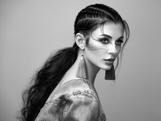 Wall Mural - brunette girl with perfect makeup. beautiful model woman with curly hairstyle. care and beauty hair 