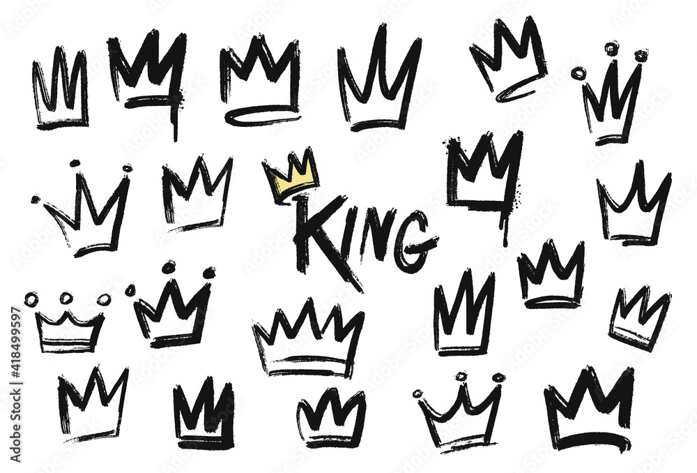 Set of crown icon in brush stroke texture paint style. hand drawn illustration. - obrazy, fototapety, plakaty 