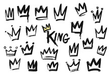 Set Of Crown Icon In Brush Stroke Texture Paint Style. Hand Drawn Illustration.