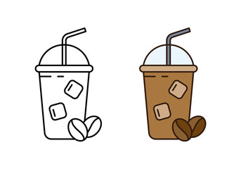 Fototapete - Ice coffee logo. Linear icon and color version. Black simple illustration of cold drink in plastic glass with straw, ice cubes, coffee beans. Contour isolated vector pictogram on white background