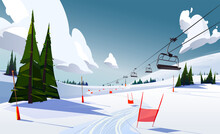 Winter Mountains Panorama With Ski Slopes And Ski Lifts On A Sunny Day