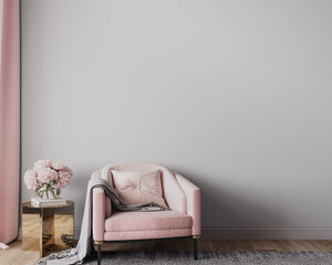 Elegant modern living room design, wall mockup in pink and gray home decor, 3d render