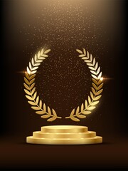 Wall Mural - Golden podium with laurel glowing. Gold stage with glitter and light fog on dark background. Hollywood fame in film and cinema or championship in sport vector illustration