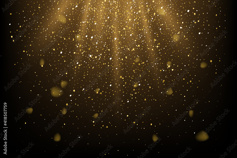 Golden glitter and sparkles in sun rays background. Yellow lines in shiny light vector illustration. Bright dust sparkling on black wallpaper design. Christmas or holiday card decoration - obrazy, fototapety, plakaty 