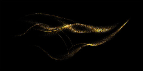 Wall Mural - Golden glitter waves background. Gold lines in shiny light vector illustration. Bright swirl in dust sparkling on black wallpaper design. Christmas or holiday card decoration