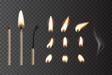 Match Sticks With Flame Sequence Set. Wooden Matches, Burning, Hot And Glowing Red, Blown Out. Abstract Realistic Vector Illustration. Lights, Flames And Smoke Collection On Transparent Background