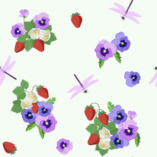 Strawberries, Pansies And Dragonflies On A White Background. Seamless Vector Illustration.