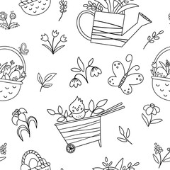 Wall Mural - Vector cute black and white garden or Easter seamless pattern. Repeating background with wheel barrow, watering can, eggs, first flowers and plants. Outline spring digital paper for kids..