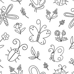 Wall Mural - Vector black and white insect and first flower seamless pattern. Funny spring garden repeating background. Cute outline ladybug, butterfly, beetle, dandelion digital paper for kids. .