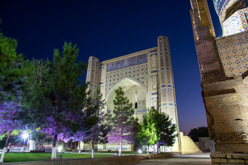 night view of huge madrasah with violet backlight with trees in inner yard 