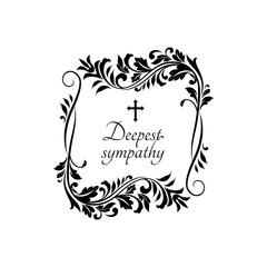 Wall Mural - Condolence message on gravestone with vintage flower ornaments and crucifix cross. Vector funeral card template, obituary memorial, gravestone funeral lettering on tombstone, floral border frame