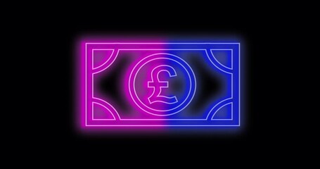 Glowing neon line banknote pound icon isolated on black background. Banking currency sign. Cash symbol. 4K Video motion graphic animation
