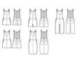 Set of Dungarees Denim overall jumpsuit dress technical fashion illustration with knee mini length, normal waist, high rise, pockets. Flat front back, white color style. Women, men unisex CAD mockup