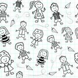 Fototapeta Koty - Vector seamless background of child drawn pictures images of boys and girls in the school notebook