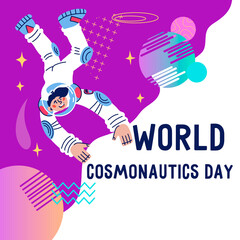 Wall Mural - International day of human space or Cosmonautics day banner template with cute hand drawn astronaut floating in space,  cartoon flat vector illustration.  Space explore and cosmos travels.