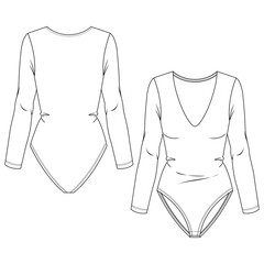 Wall Mural - Women Long Sleeves Bodysuit fashion flat sketch template. Technical Fashion Illustration. Low V-Neck